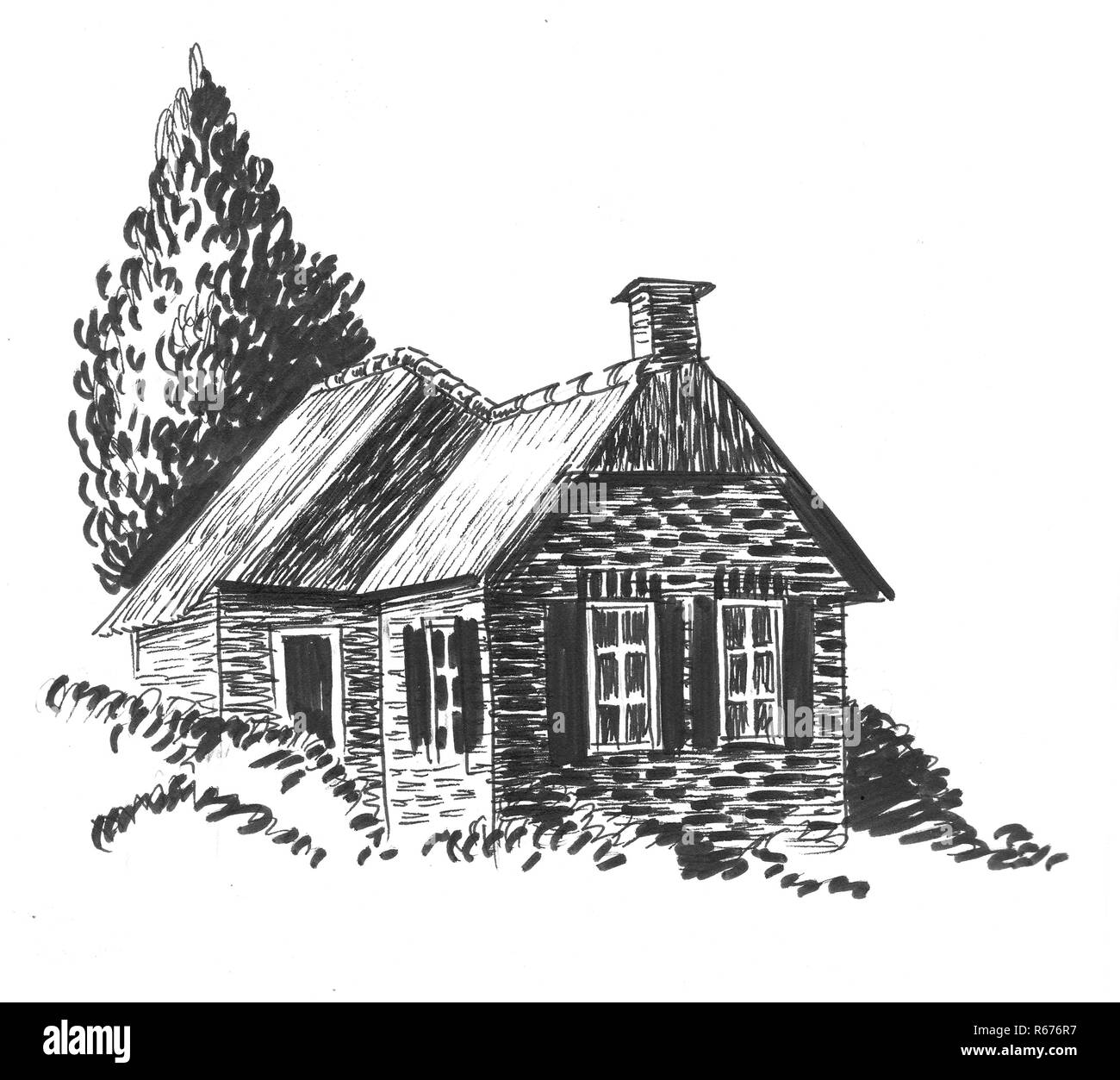 Old brick house and tree. ink black and white drawing Stock Photo Alamy