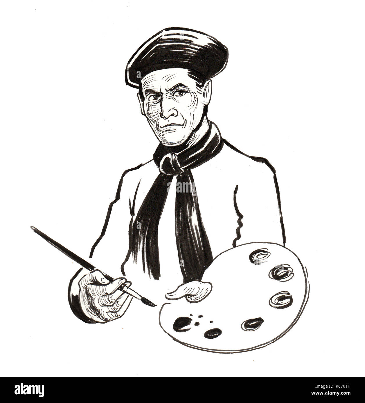 Artist character. Ink black and white drawing Stock Photo Alamy