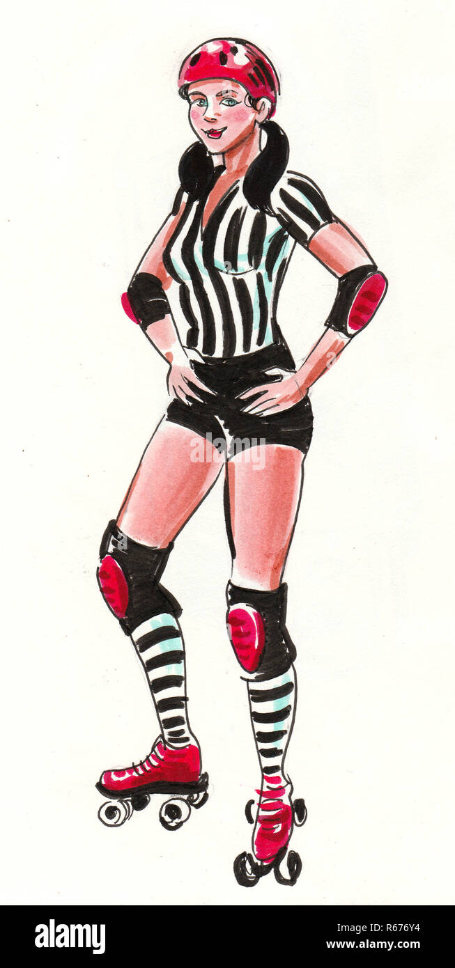 Pretty derby girl on roller skates. Ink and watercolor illustration Stock  Photo - Alamy