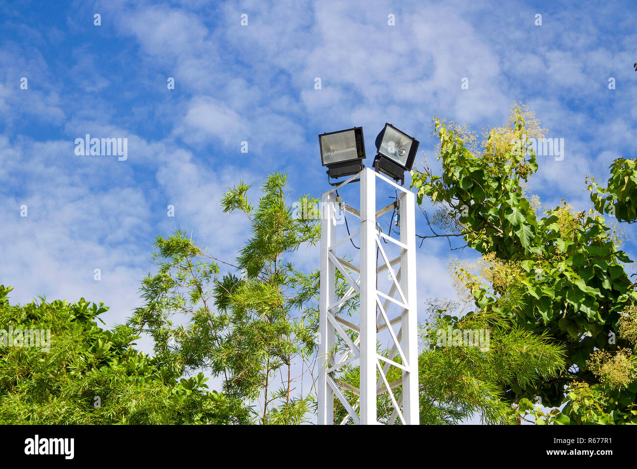 Spotlight pole with green tree With blue sky Stock Photo