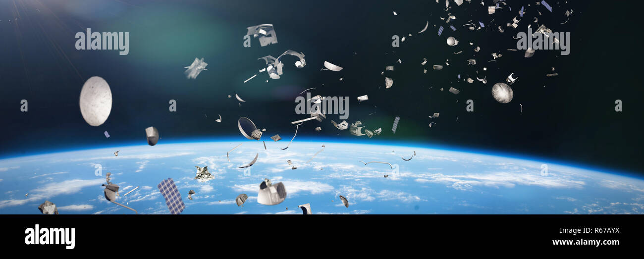 space junk in Earth orbit, dangerous debris orbiting around the blue