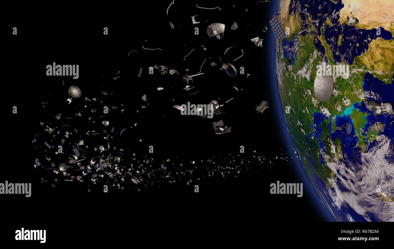 space junk in Earth orbit, dangerous debris orbiting around the blue planet Stock Photo