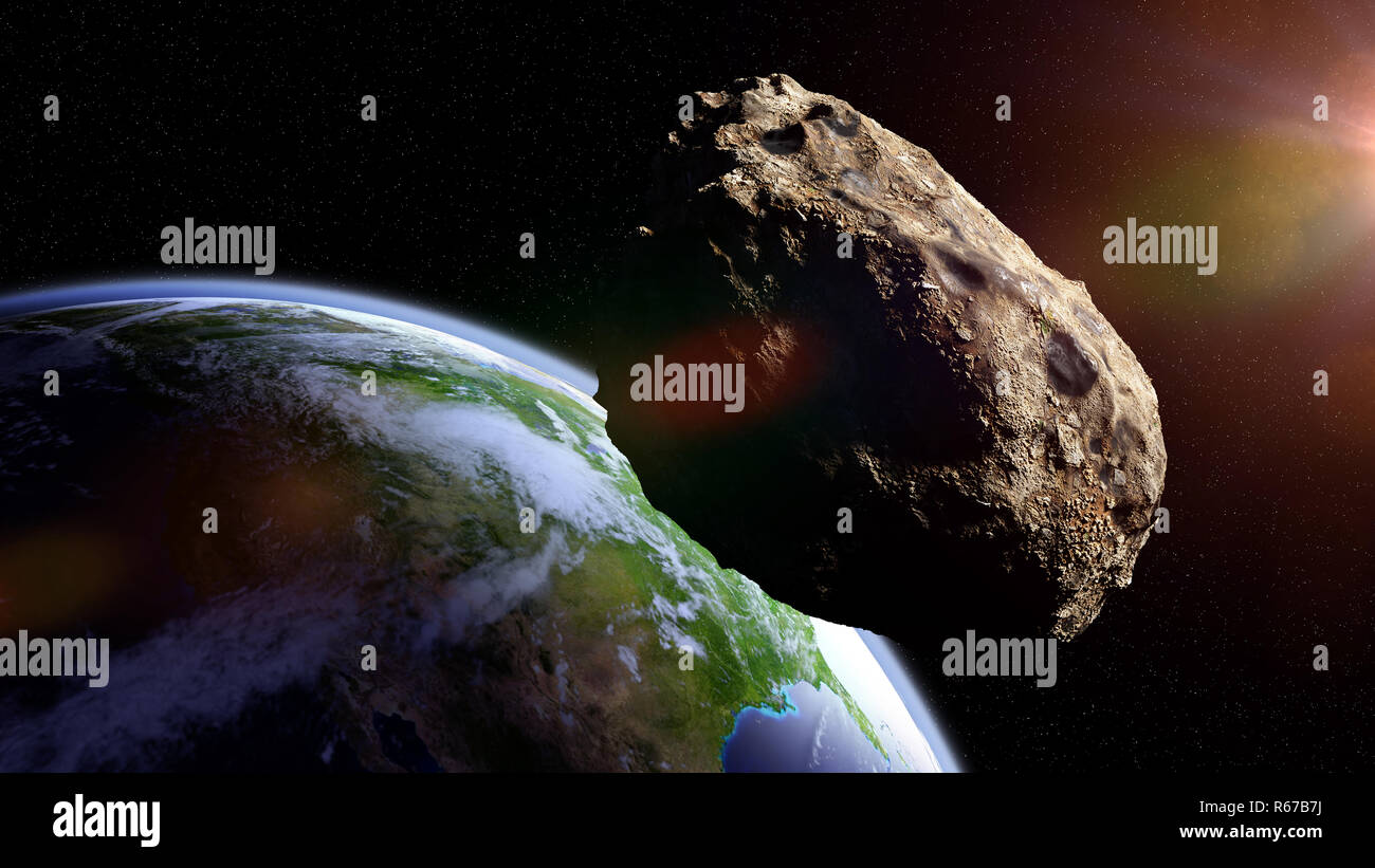 asteroid approaching planet Earth, meteorite in orbit before impact Stock Photo