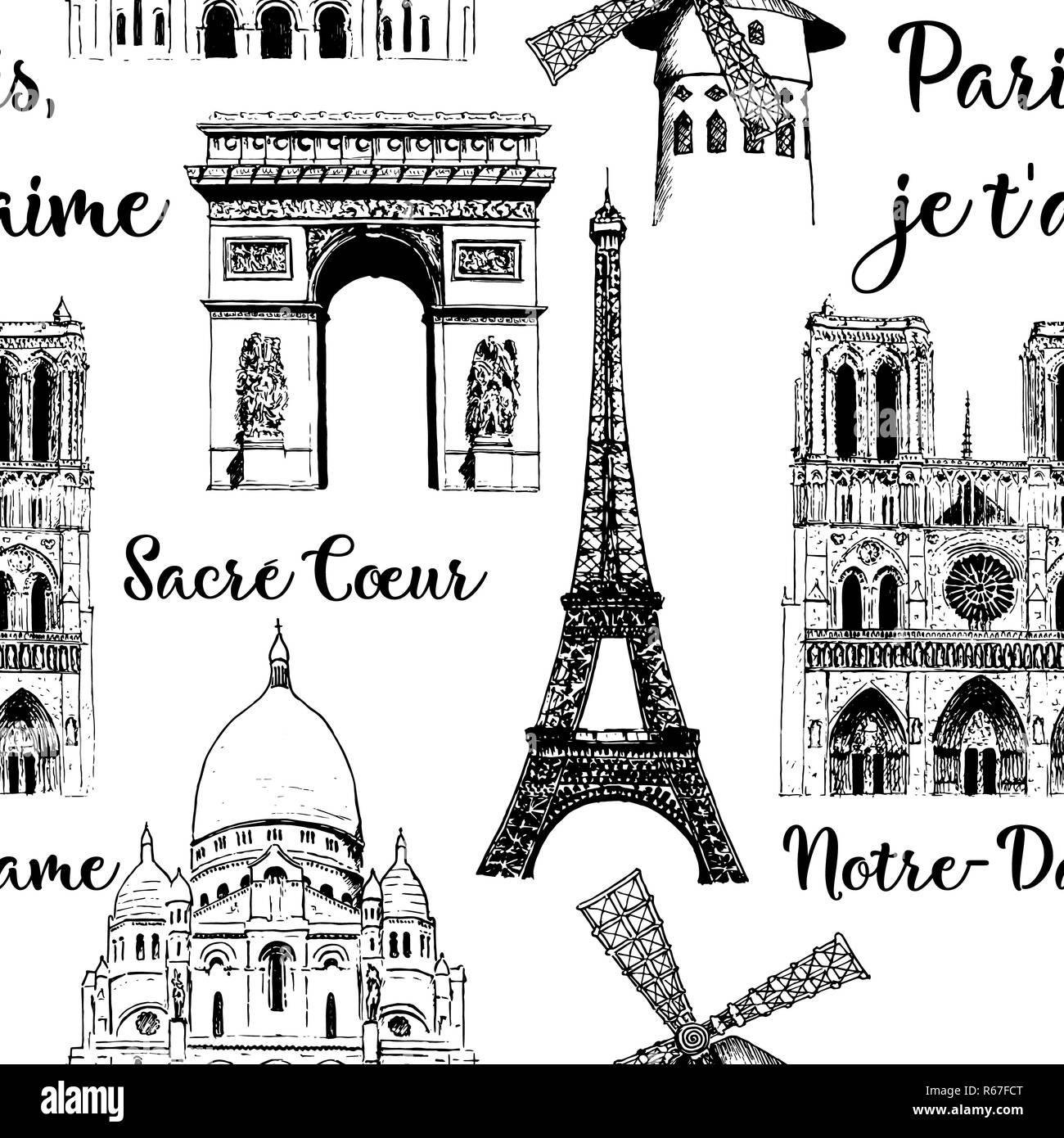 Paris sightseeing seamless pattern set. Eiffel tower, Arc de Triomphe,  Basilica France. Vector hand drawn sketch Stock Photo - Alamy