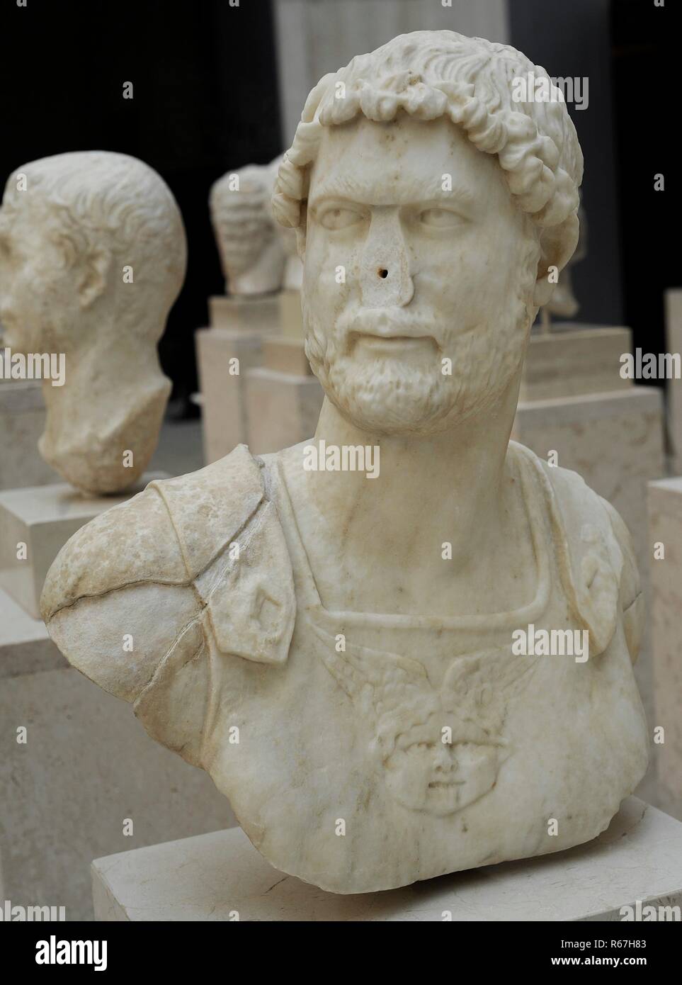 Adriano (Publio Elio Adriano) (76-138). Emperador romano. Dinastía Antonina. Busto en mármol. Años 130-138. Museo Arqueológico Nacional. Madrid. España. Stock Photo