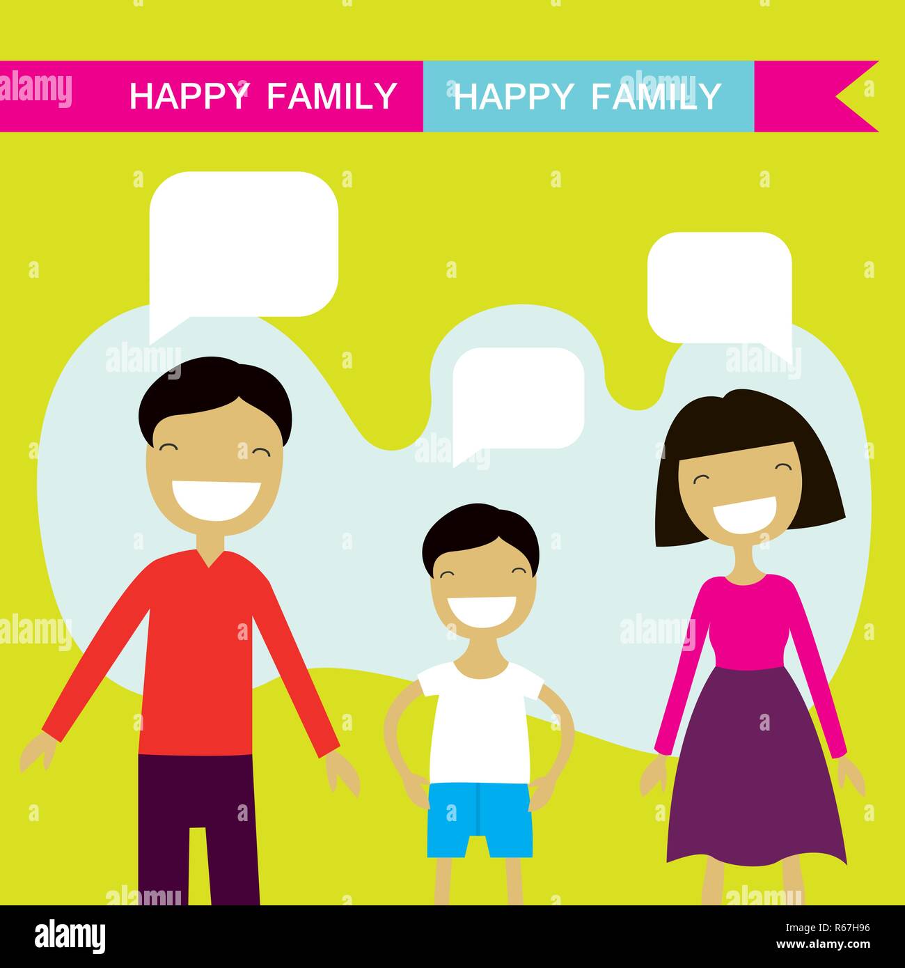 Happy family members parents and their son. Lovely cartoon characters