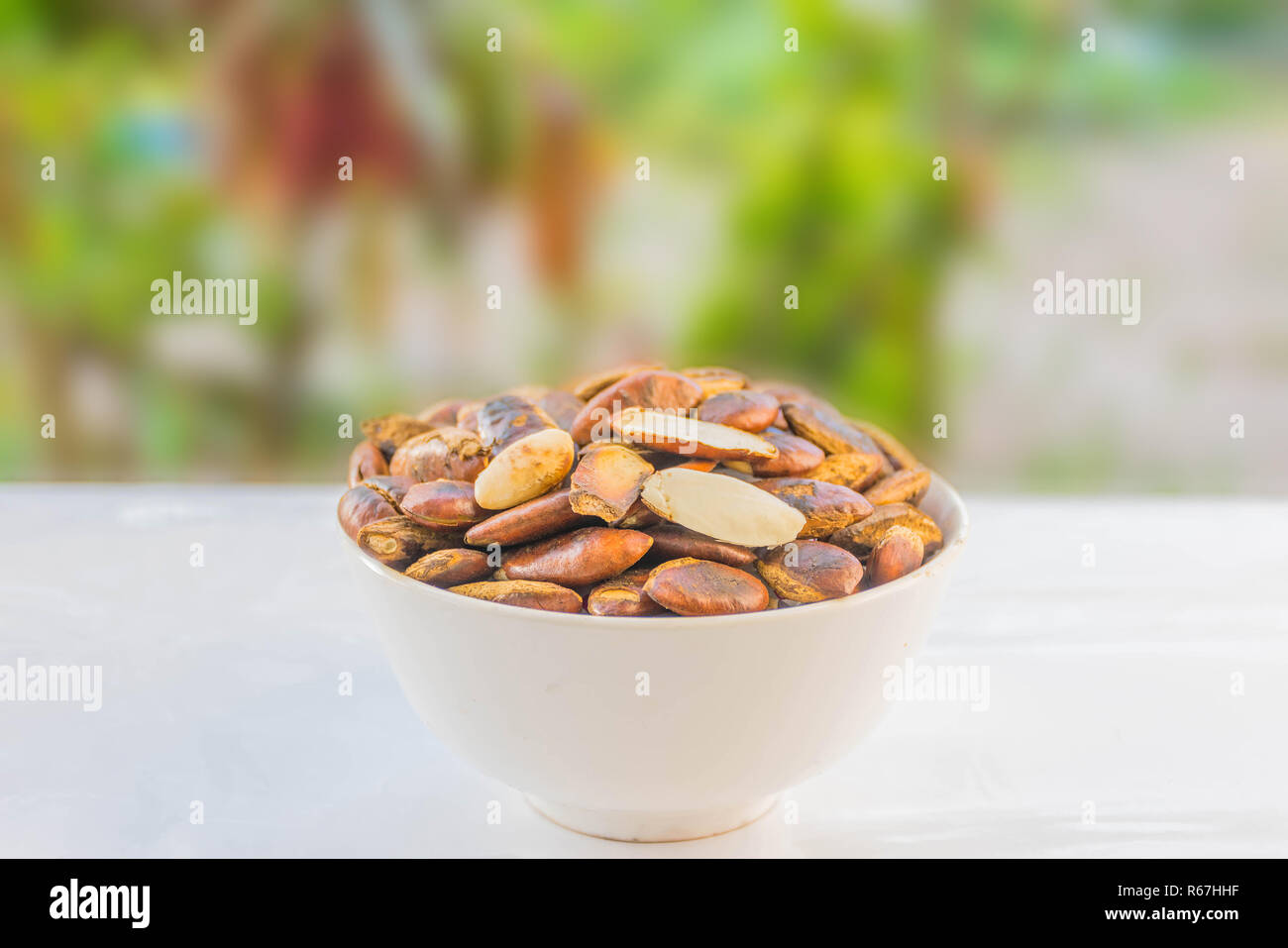 The soft focus grilled, roasted of Irvingia malayana, Irvingiaceae, seeds on the white cup, Local seed food in Thailand. Stock Photo