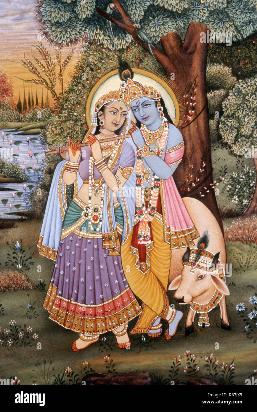 Radha Krishna playing musical instrument flute in garden with cow ...