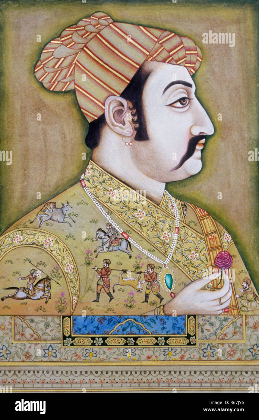 mugal Miniature painting of akbar Stock Photo