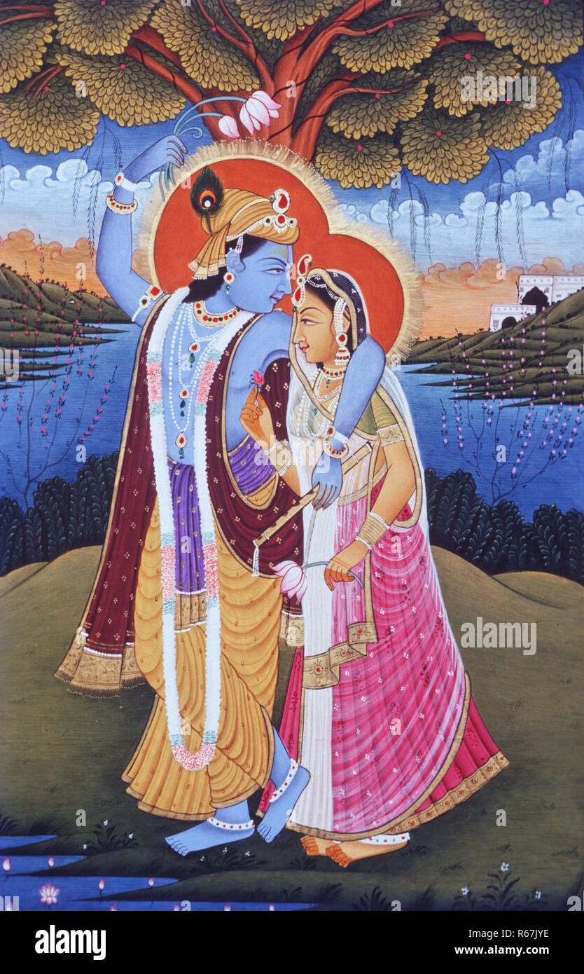 miniature painting of radha krishna in garden embracing with lotus flower, India Stock Photo