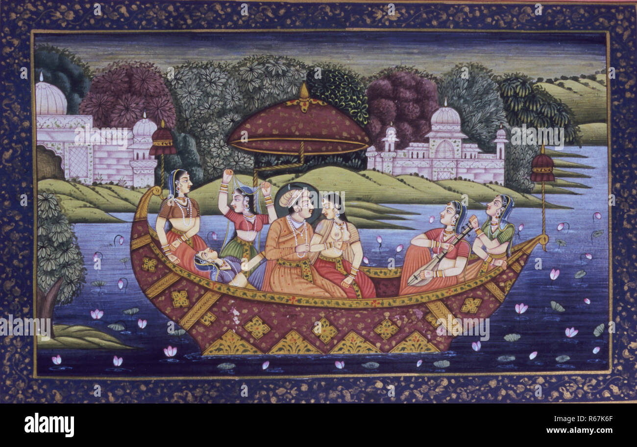 Maharaja King love scene enjoying dance and music in boat ; Mughal Miniature Painting on paper ; India ; Asia Stock Photo