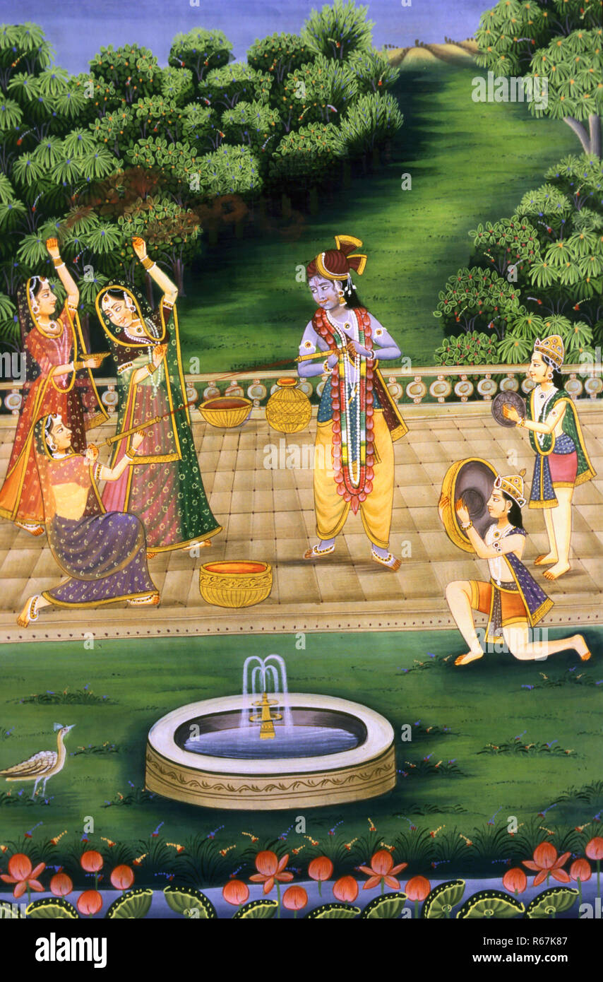 Lord Krishna playing holi with gopies in garden, Holi festival, Barsana