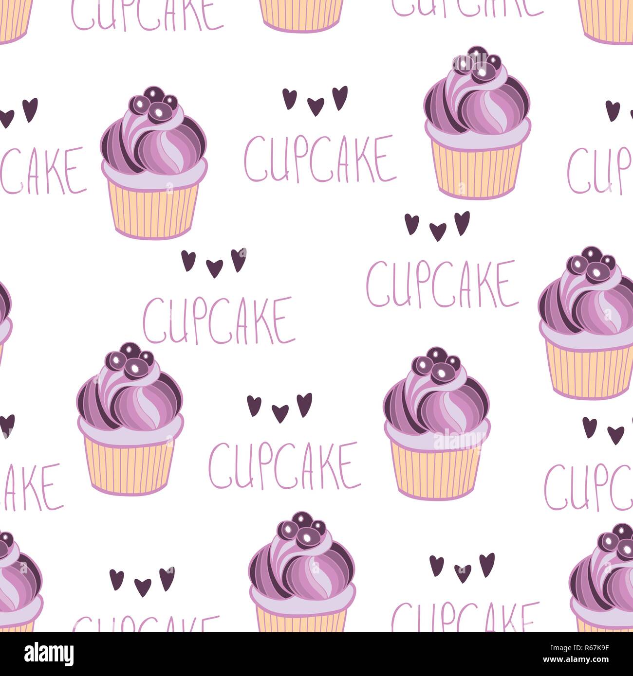 Beautiful yummy blueberry cupcake seamless background pattern. Vector illustration Stock Vector