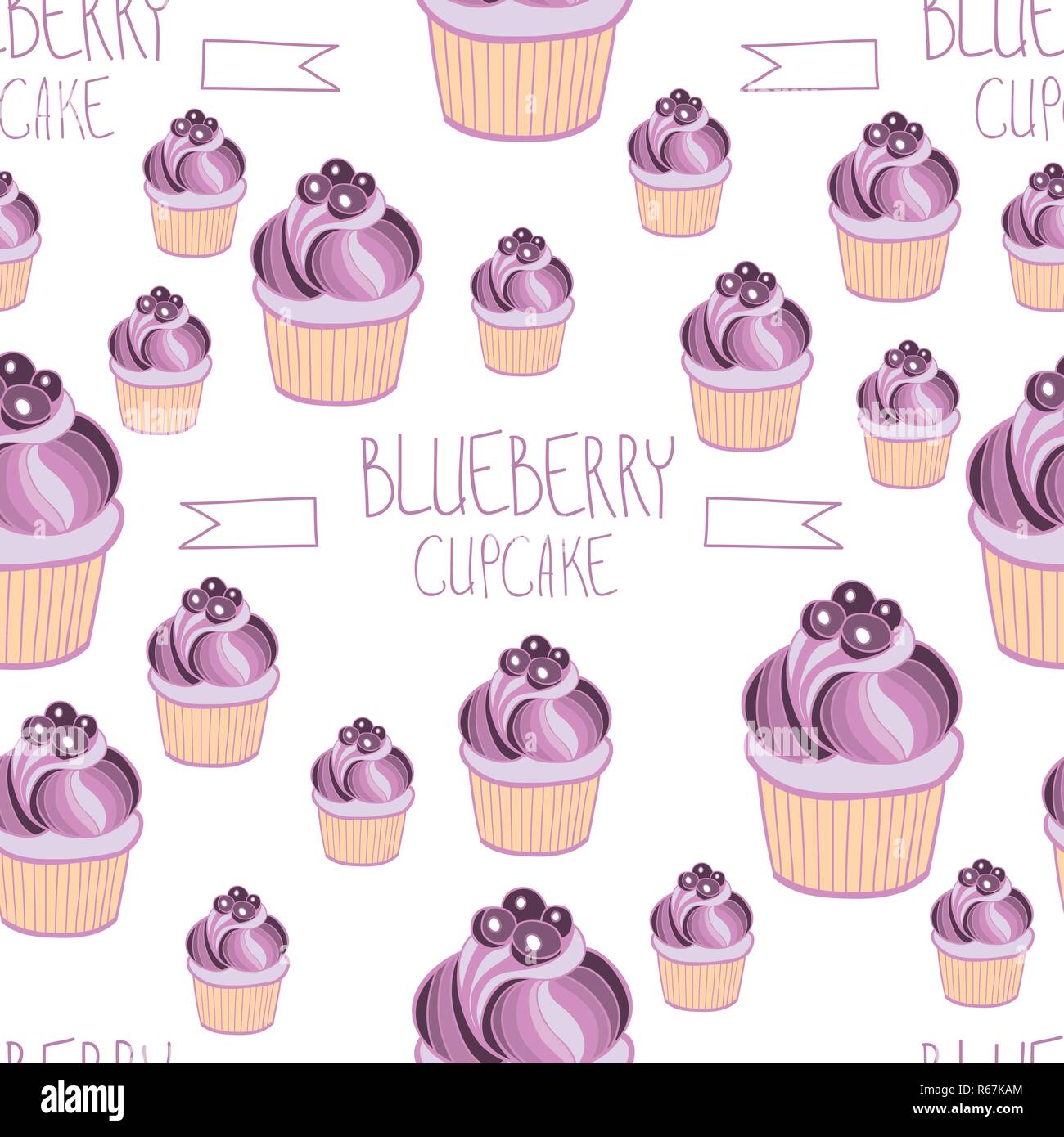 Beautiful yummy blueberry cupcake seamless background pattern. Vector illustration Stock Vector