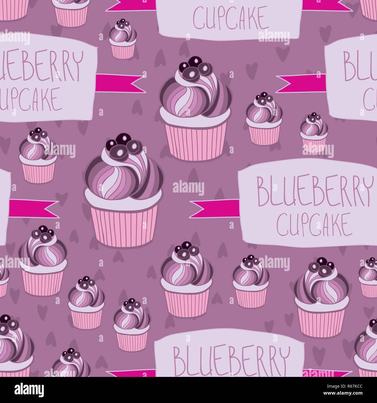 Beautiful yummy blueberry cupcake seamless background pattern. Vector illustration Stock Vector