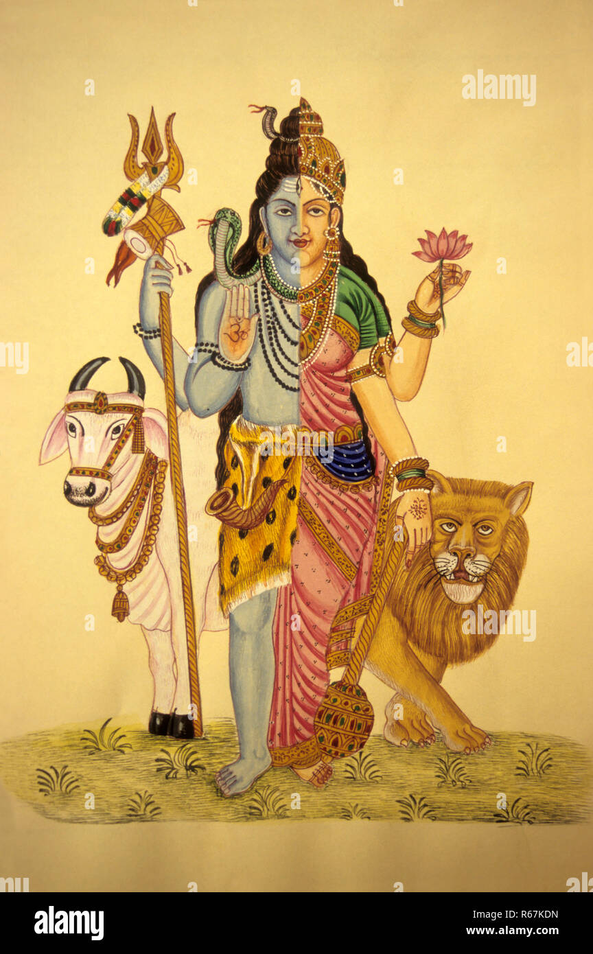 Ardhanarishvara ; God Shiva in Ardhanarishvara form ; composite form Hindu deities Shiva and Parvati ; half man half woman ; miniature painting on paper ; India ; Asia ; Asian ; Indian Stock Photo