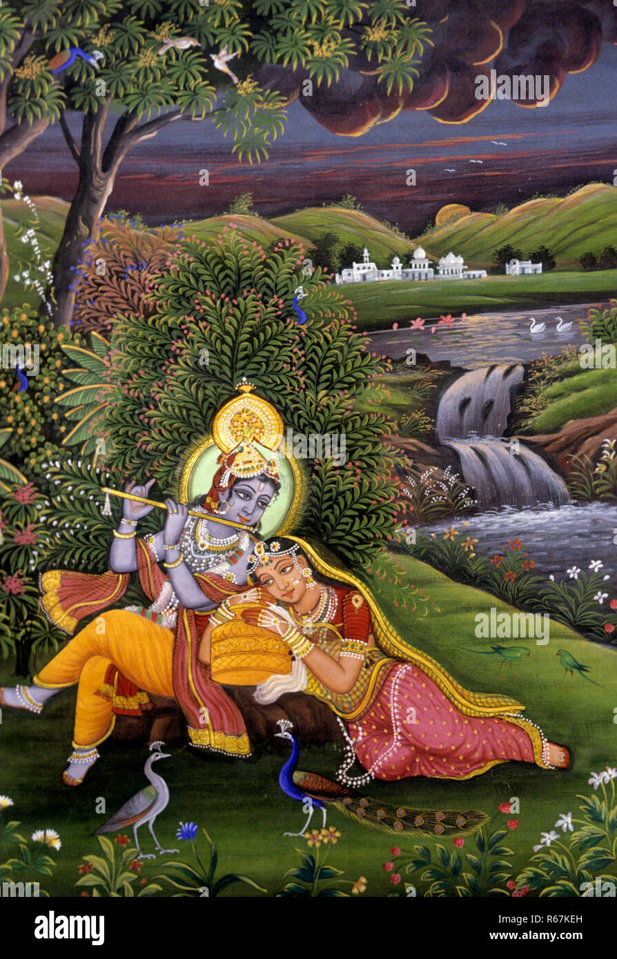 Radha Krishna in garden, Miniature Painting, India Stock Photo