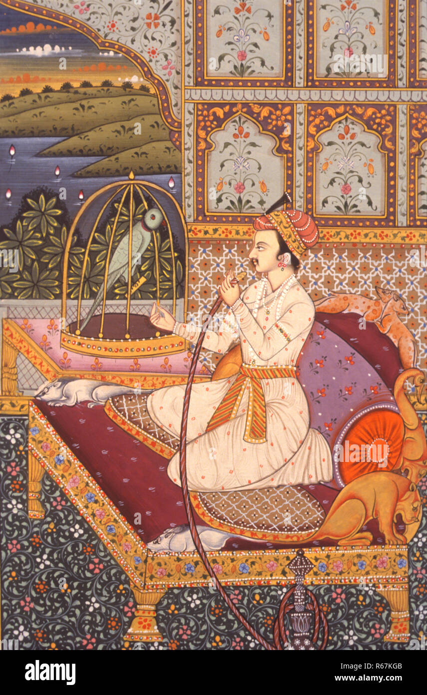 miniature painting of mughal prince enjoying hookah, india Stock Photo