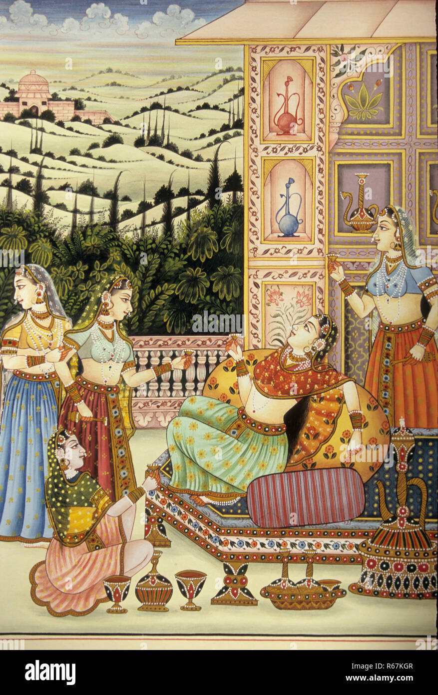 mughal empress queen rani enjoying drink drinking wine miniature painting india Stock Photo