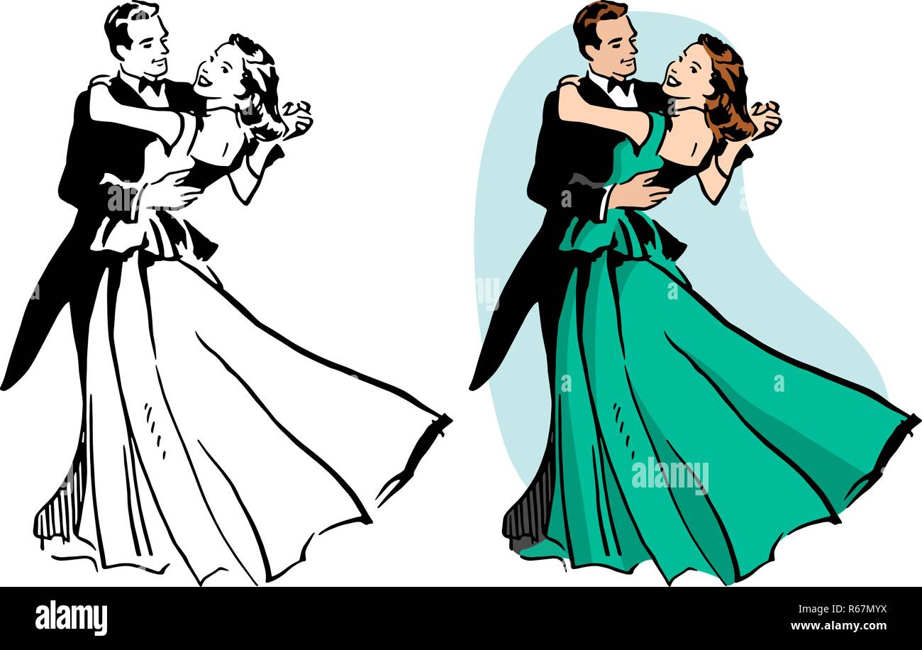 A couple in a tuxedo and ball gown ballroom dancing. Stock Vector