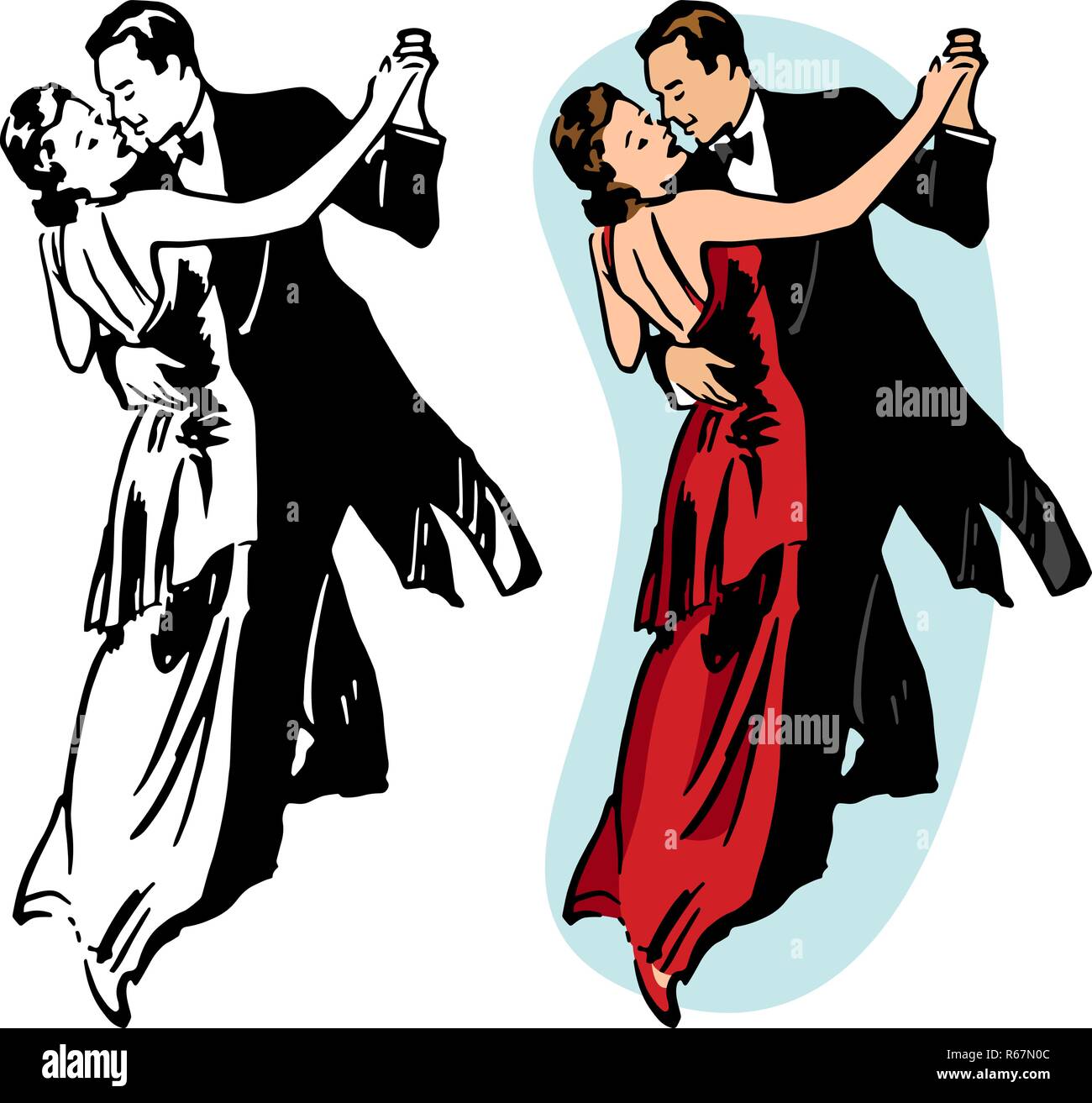 A couple in a tuxedo and ball gown ballroom dancing. Stock Vector