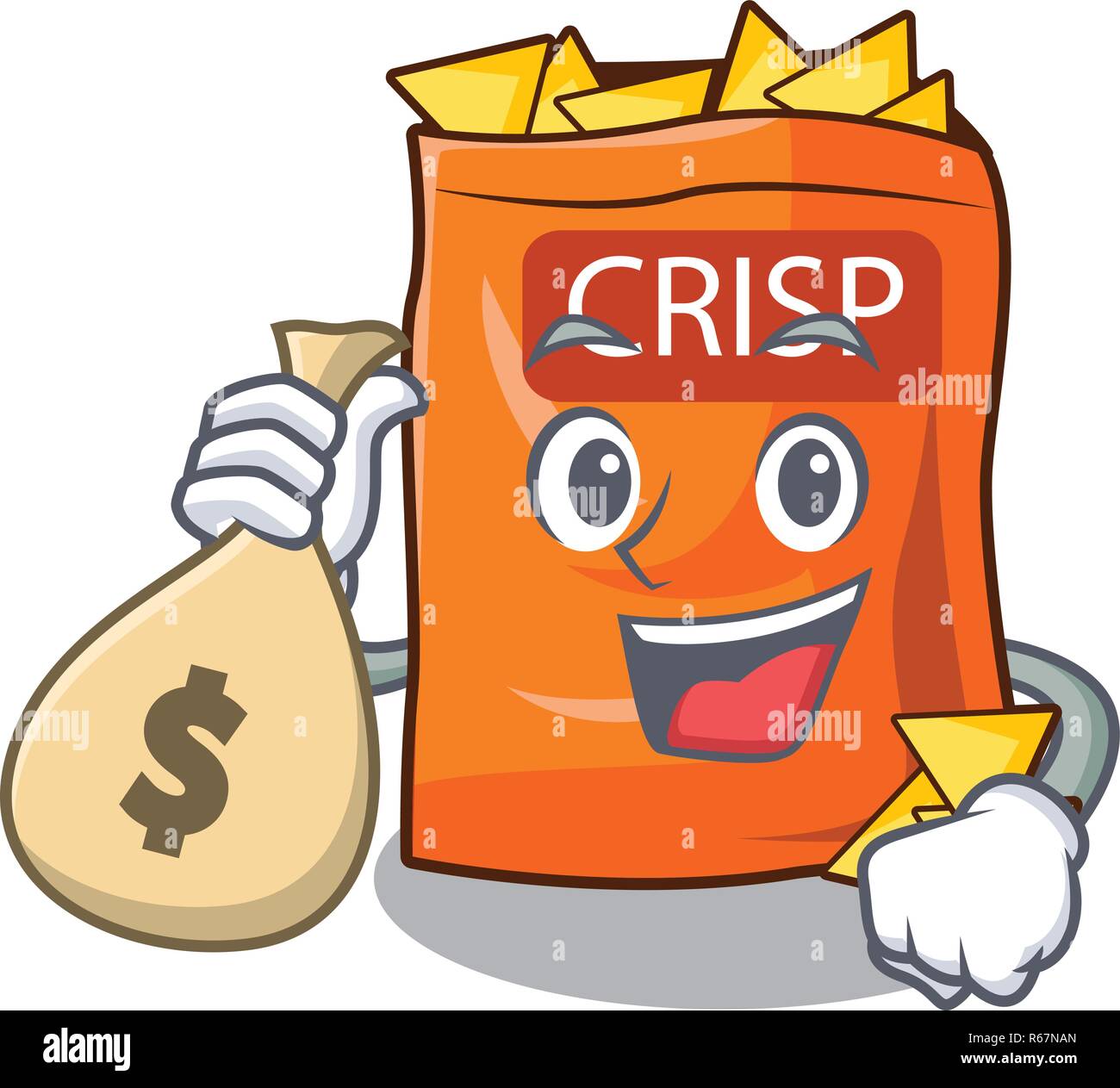 With money bag snack food sticks chisp on cartoon vector illustration