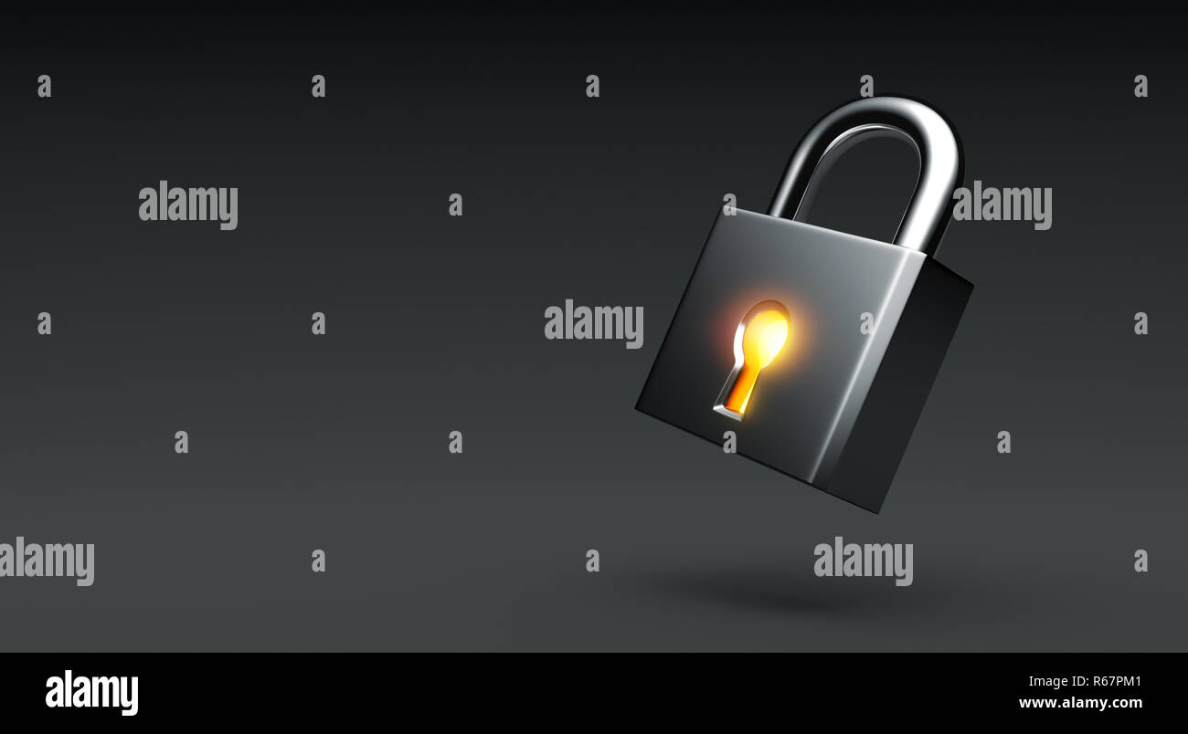 Glowing lock on dark background - 3D Rendering Stock Photo - Alamy