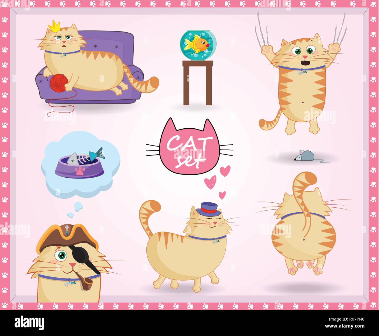 Vector set of cute cartoon ginger cat character in different situations on  pink background with paws frame. Naughty cat's life routine situation and p  Stock Vector Image & Art - Alamy