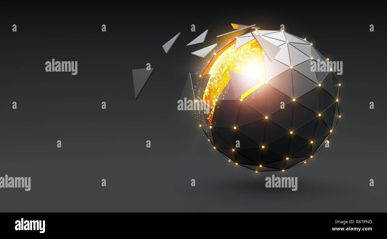 Glowing dispersing sphere on dark background - 3D Rendering Stock Photo ...