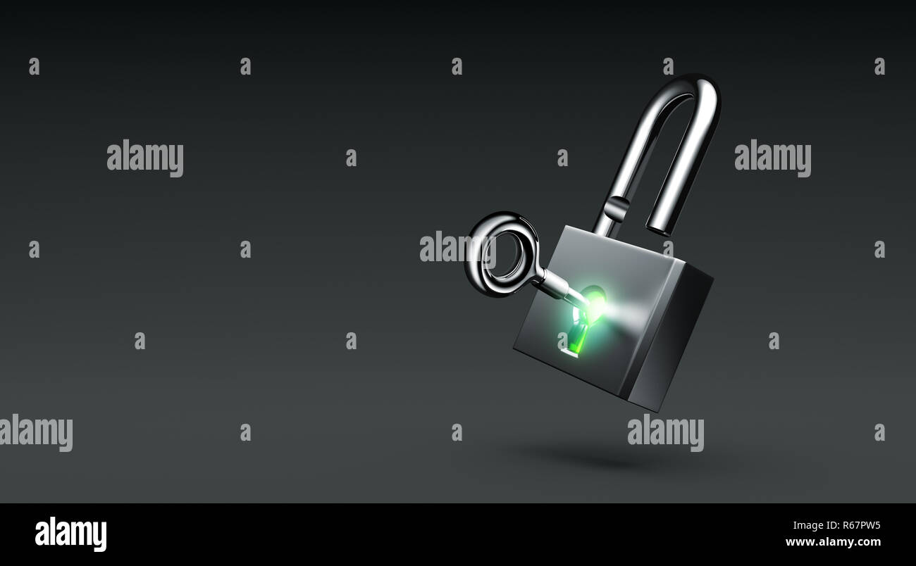 Glowing open lock with key on dark background - 3D Rendering Stock ...