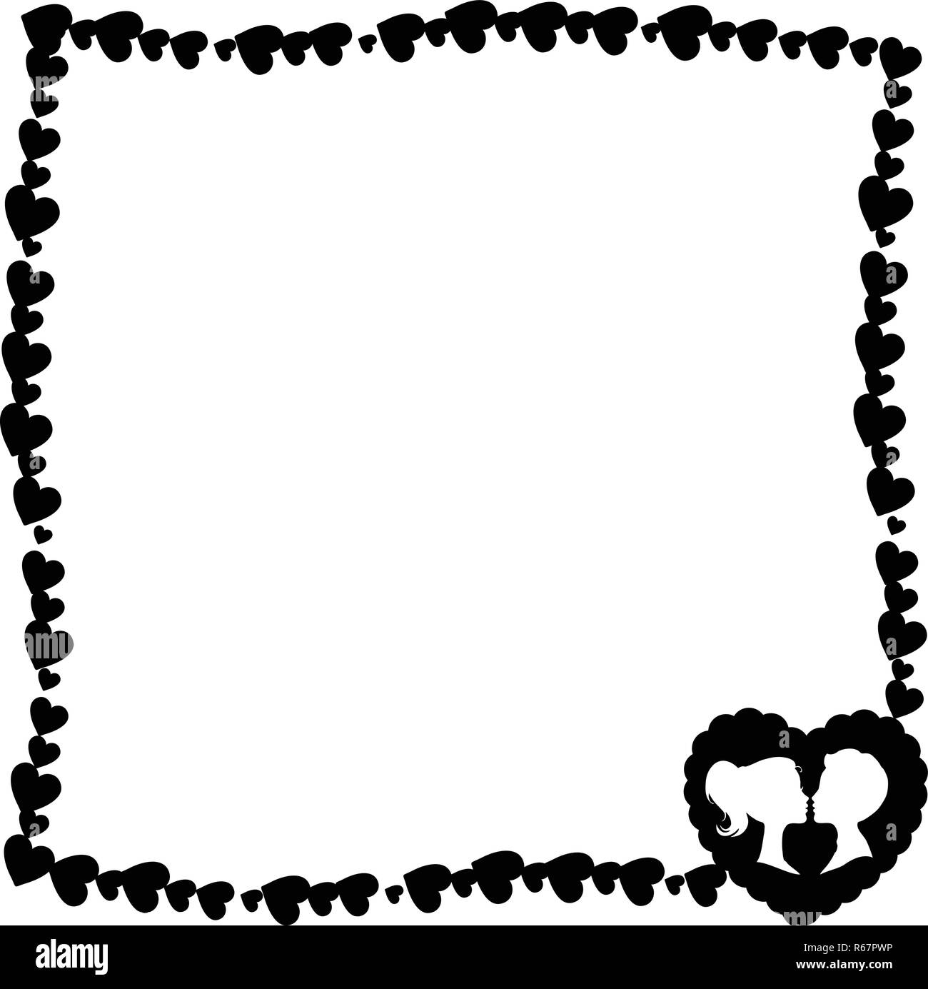 Vector black and white retro vintage border photo frame of hearts with big heart silhouette and loving couple in corner. Monochrome template for Valen Stock Vector