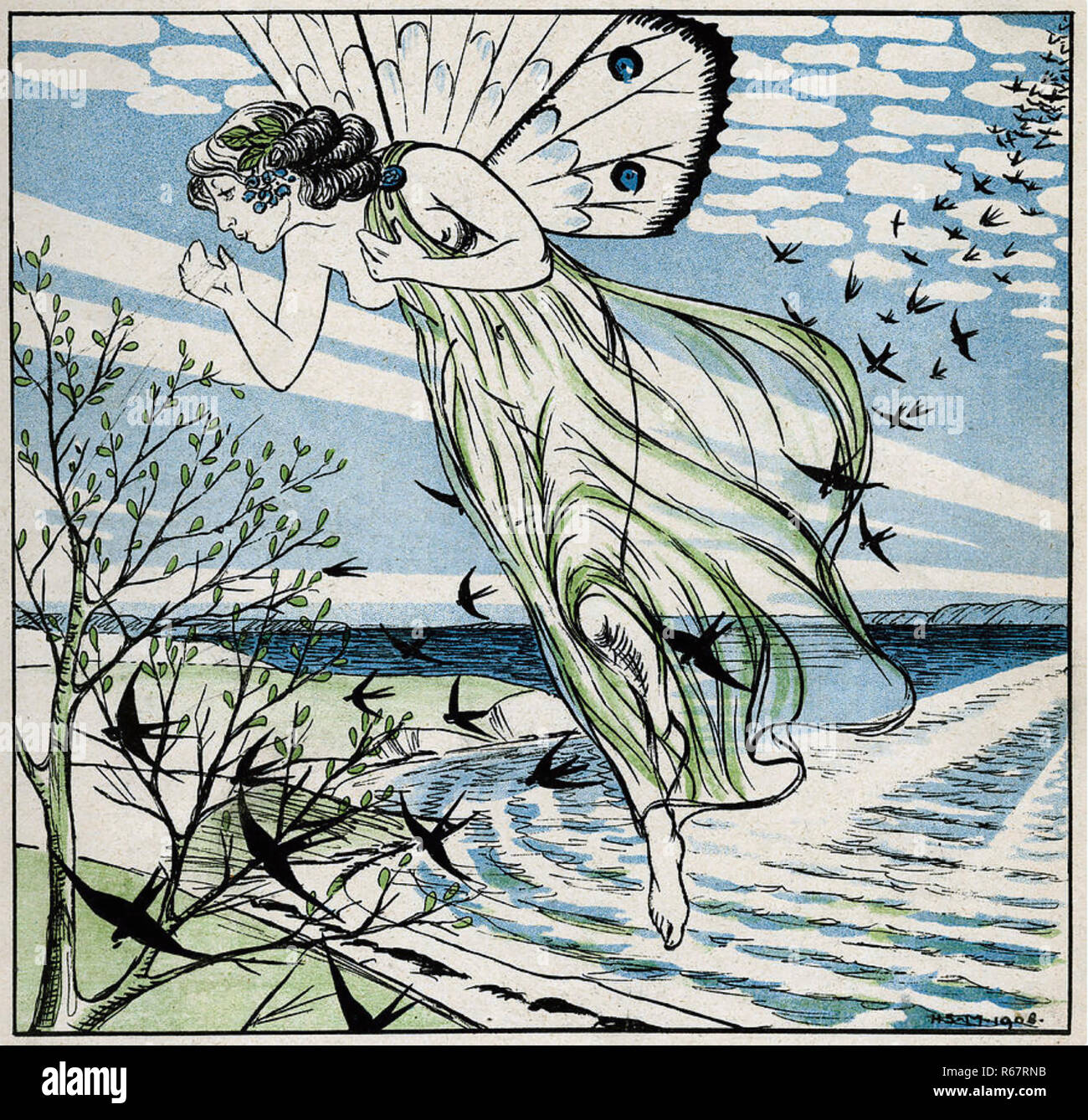 THE COMING OF SPRING in a 1908 drawing by Herbert Saly showing the Spring Fairy breathing new life into the trees. Stock Photo