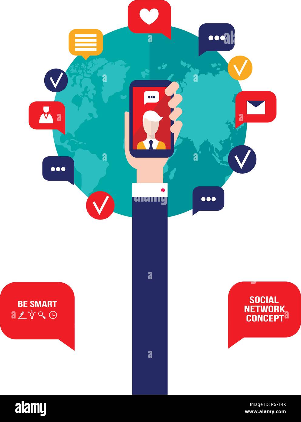Hand holding smart phone Social network and communication concept ...