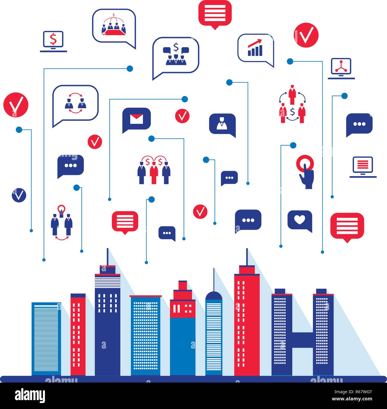 City social network Urban landscape filled with business icons ...