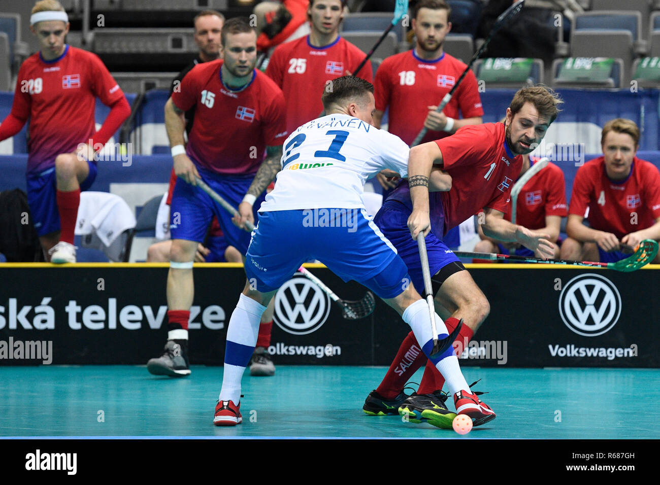 Prague, Czech Republic. 04th Dec, 2018. From right ANDREAS NAESS VALBYE of Norway and TATU VAANANEN of Finland in action during the Men's World Floorball Championship, group B match Finland vs Norway, played in Prague, Czech Republic, on December 4, 2018. Credit: Michal Kamaryt/CTK Photo/Alamy Live News Stock Photo
