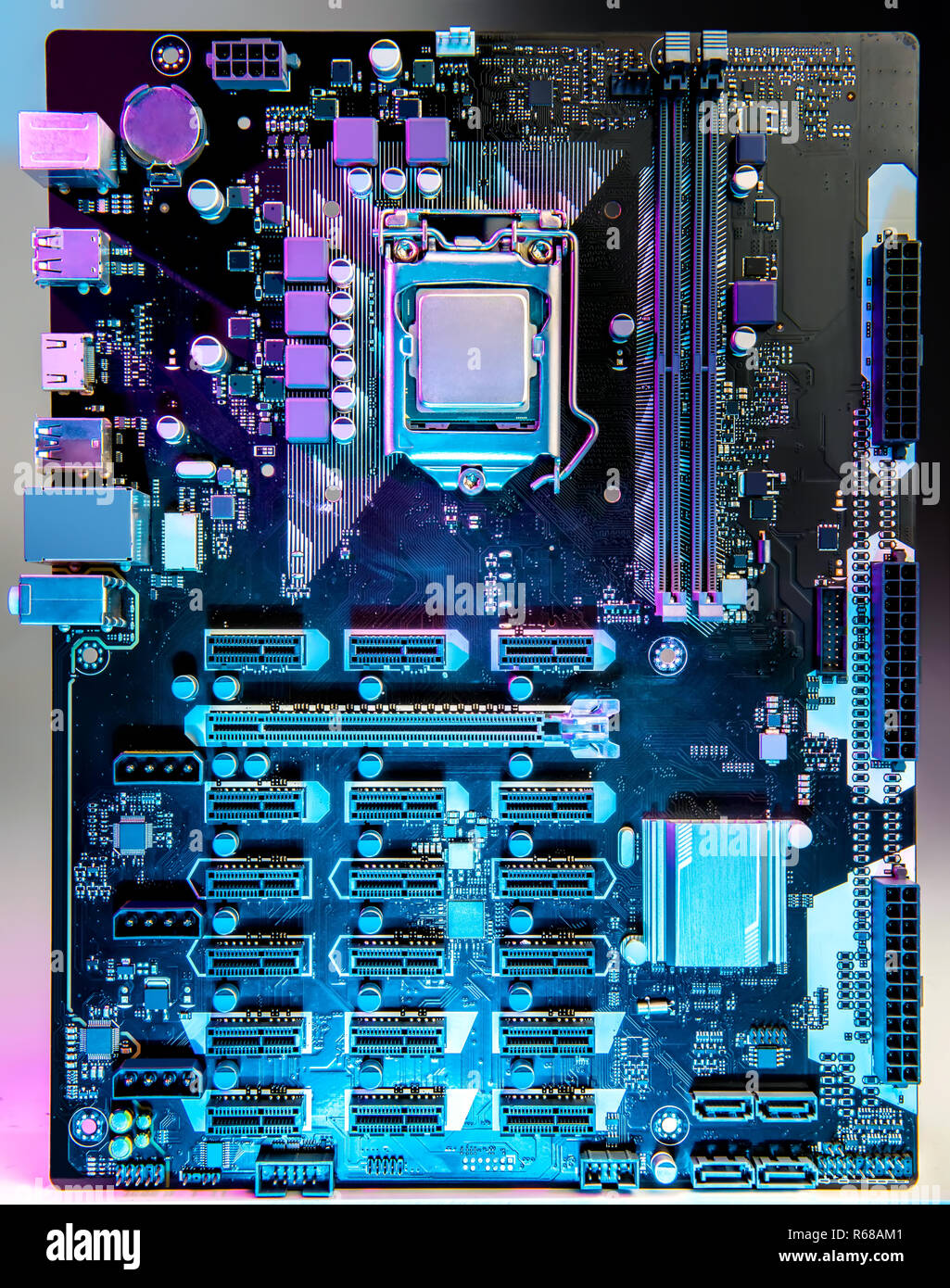 Computer motherboard on the table. View from above Stock Photo