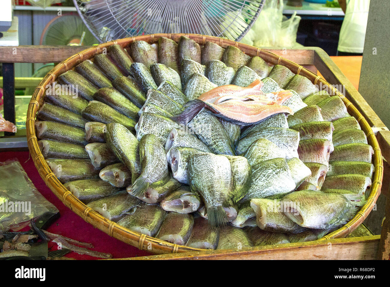 Trichogaster pectoralis arrange on rattan in market in asian food thai food (Fish) Stock Photo