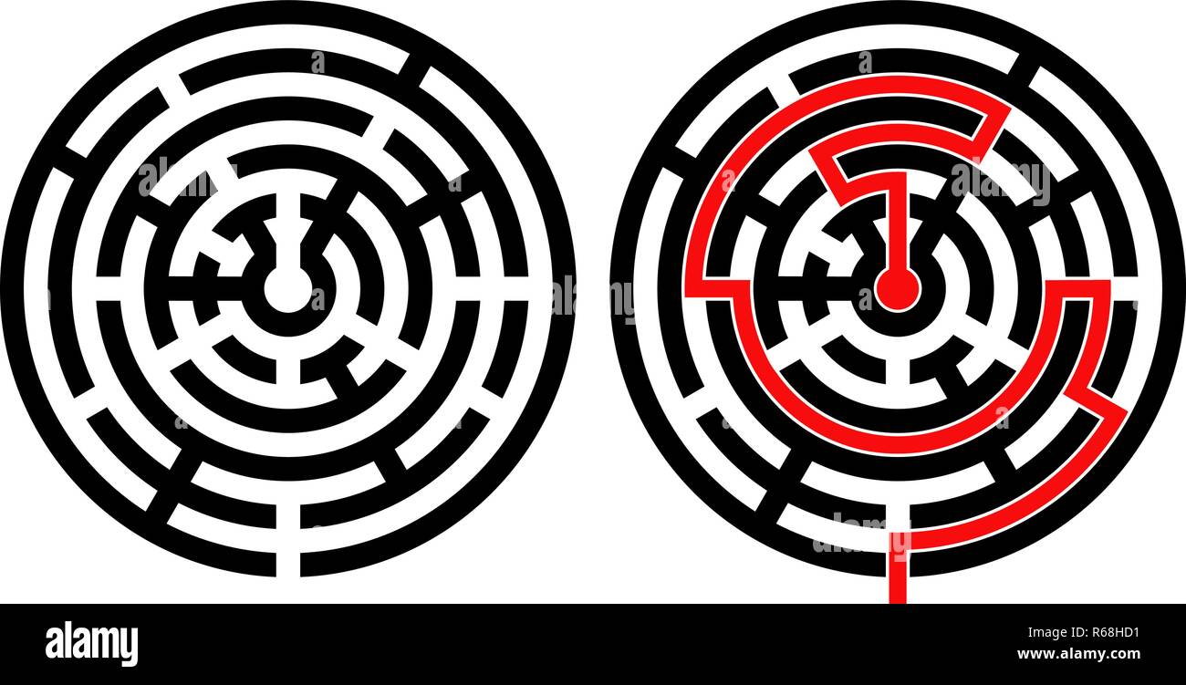 Black round maze with solution. With and without red path to center Stock Vector