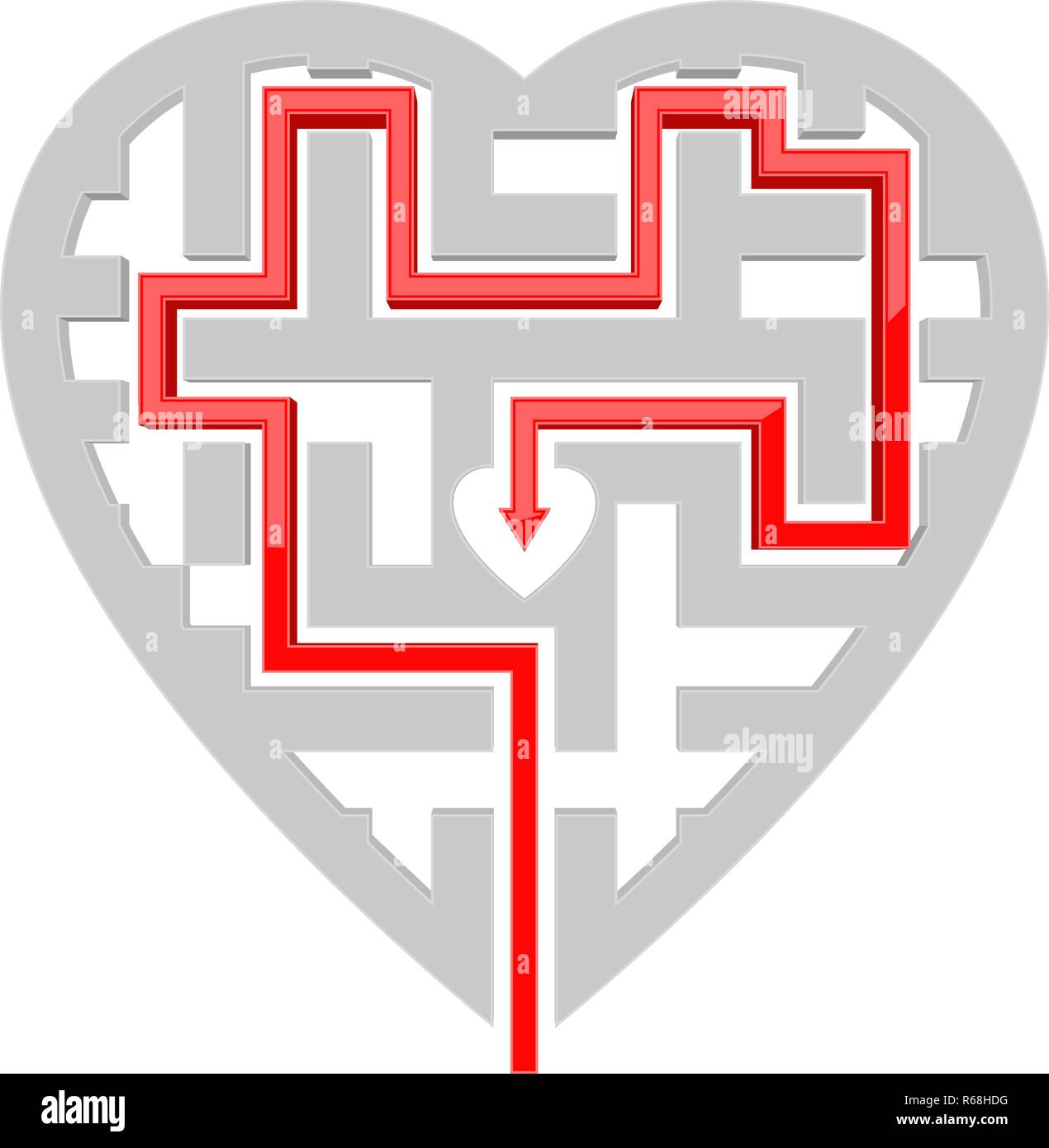 Heart shape maze with red path to center Stock Vector