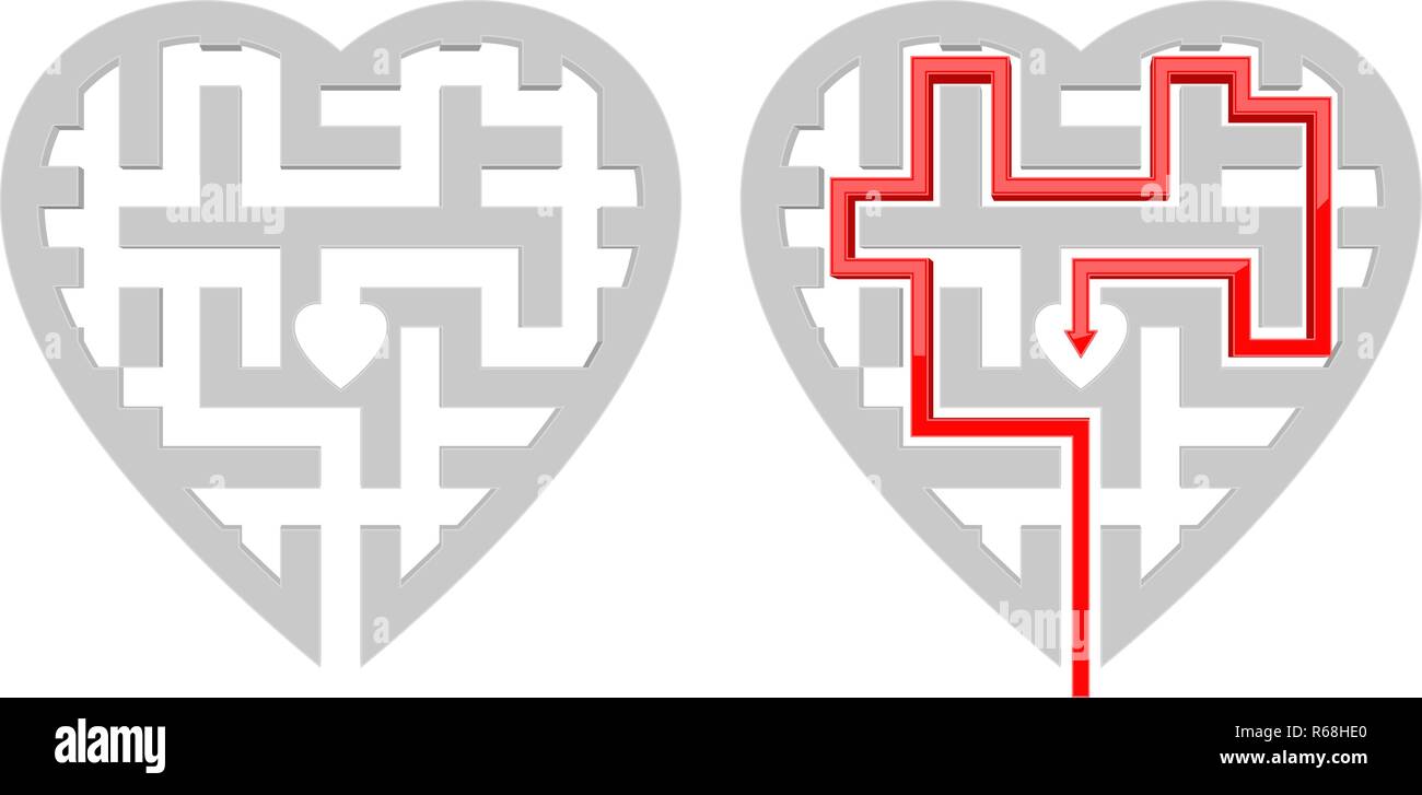 Heart shape maze with solution. With and without red path to center Stock Vector