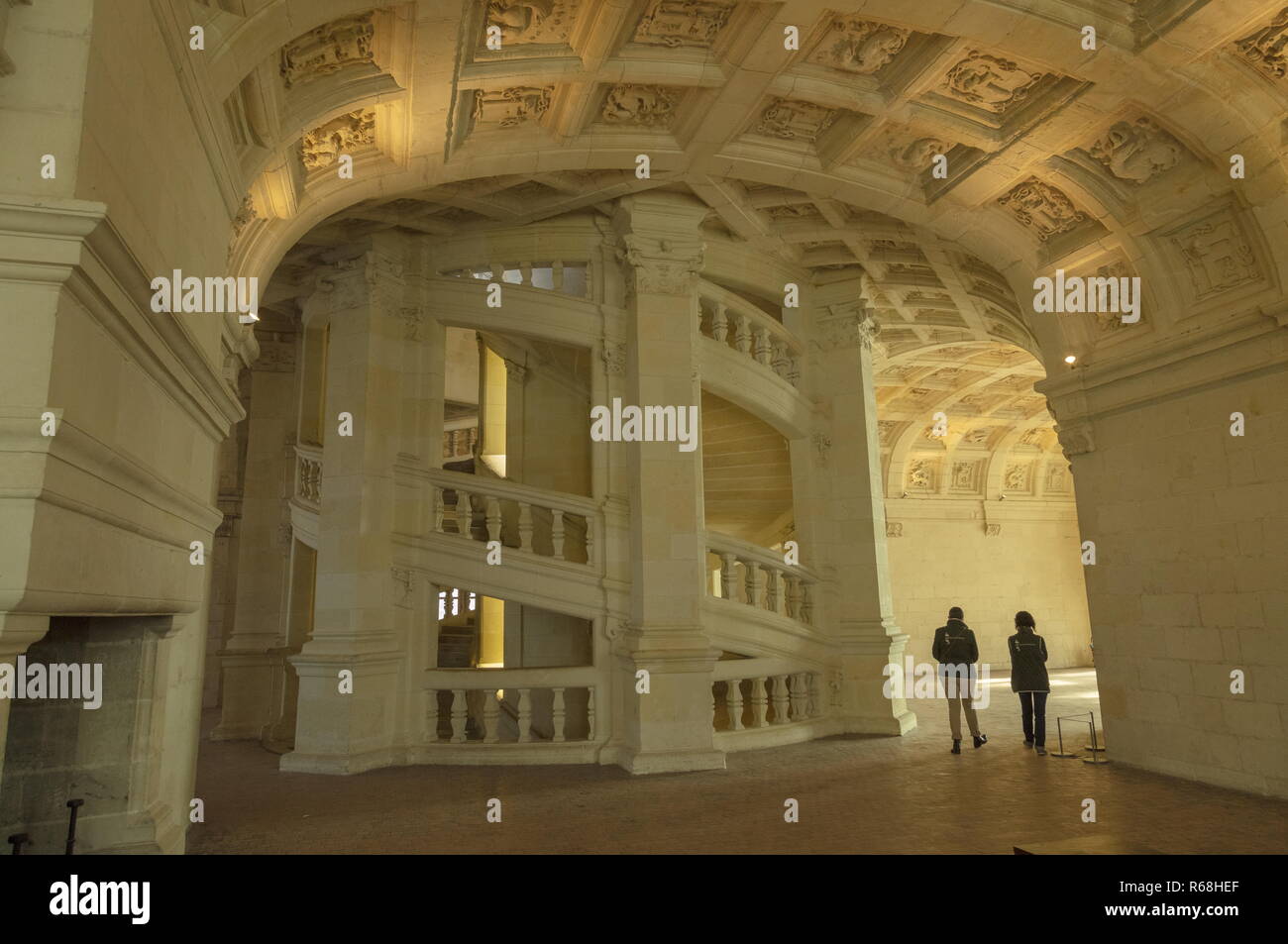 Double helix staircase in Château de Chambord, Chambord, Loir-et-Cher, France, Stock Photo
