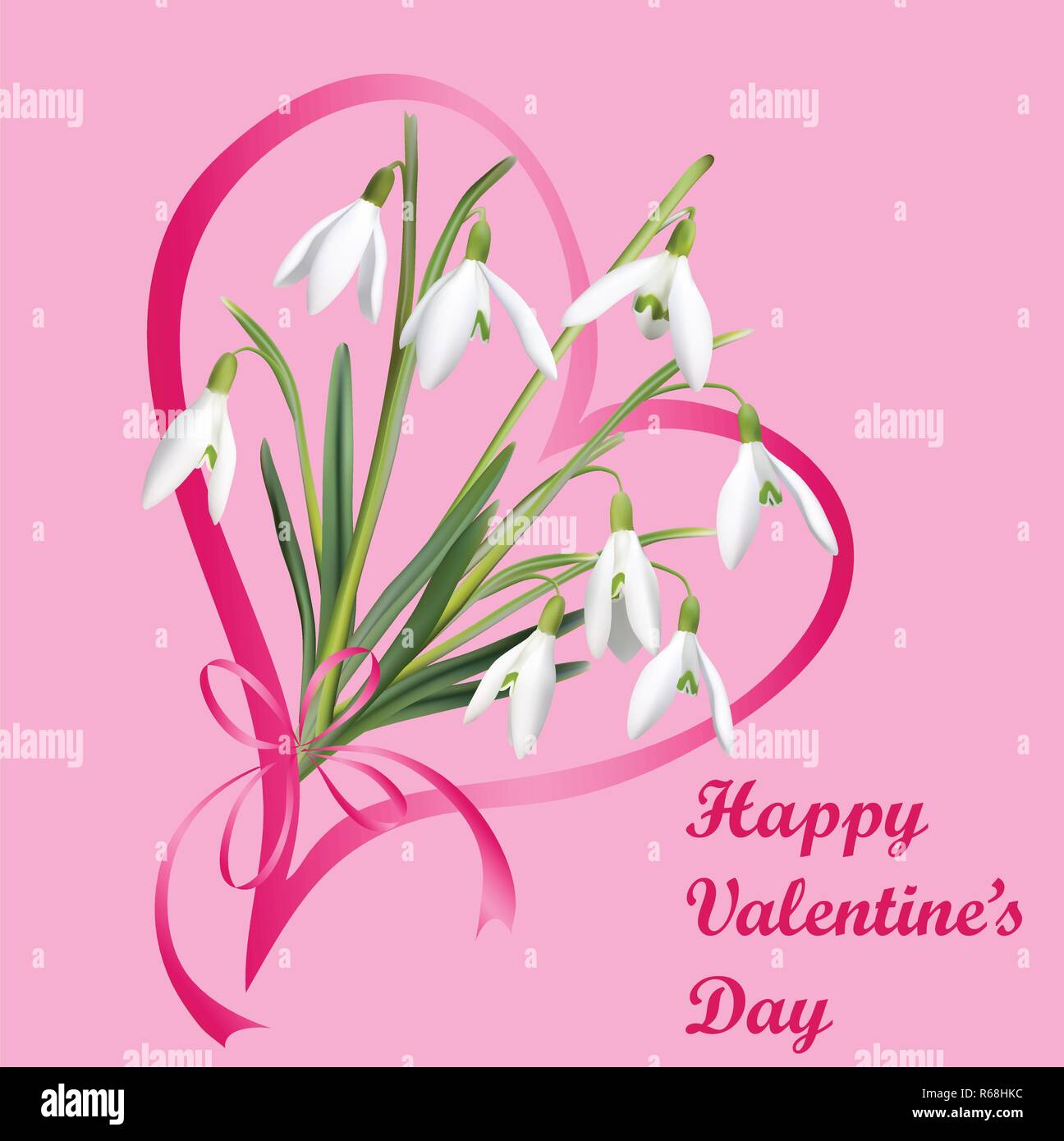 The first snowdrops Galanthus with Happy Valentine's Day gift card. Stock Vector