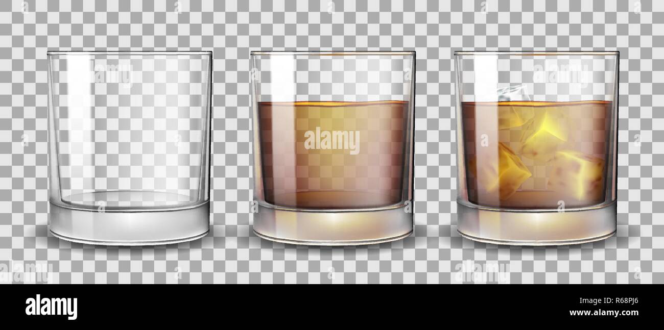 Set of whiskey, rum, bourbon or cognac glasses with Alcohol and without. Transparent Alcohol glasses Drink in a realistic style. Vector 3d Stock Vector