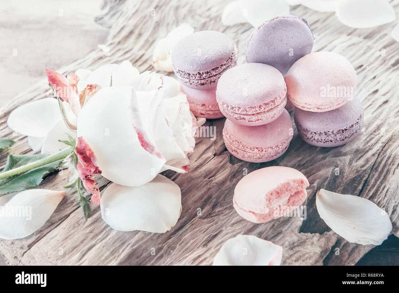 Freshly baked multi-colored macaroons close-up, selective focus. Stock Photo