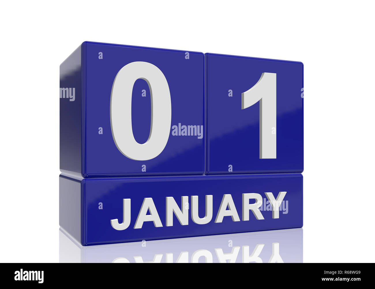The date of 1 January in white numbers and letters on shiny blue cubes ...