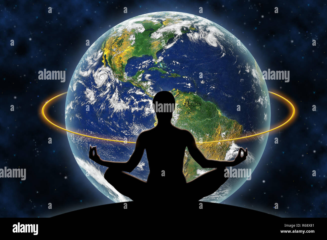 Female Yoga Figure Against A Space Background And A Planet Earth Elements Of This Image Furnished By Nasa Stock Photo Alamy