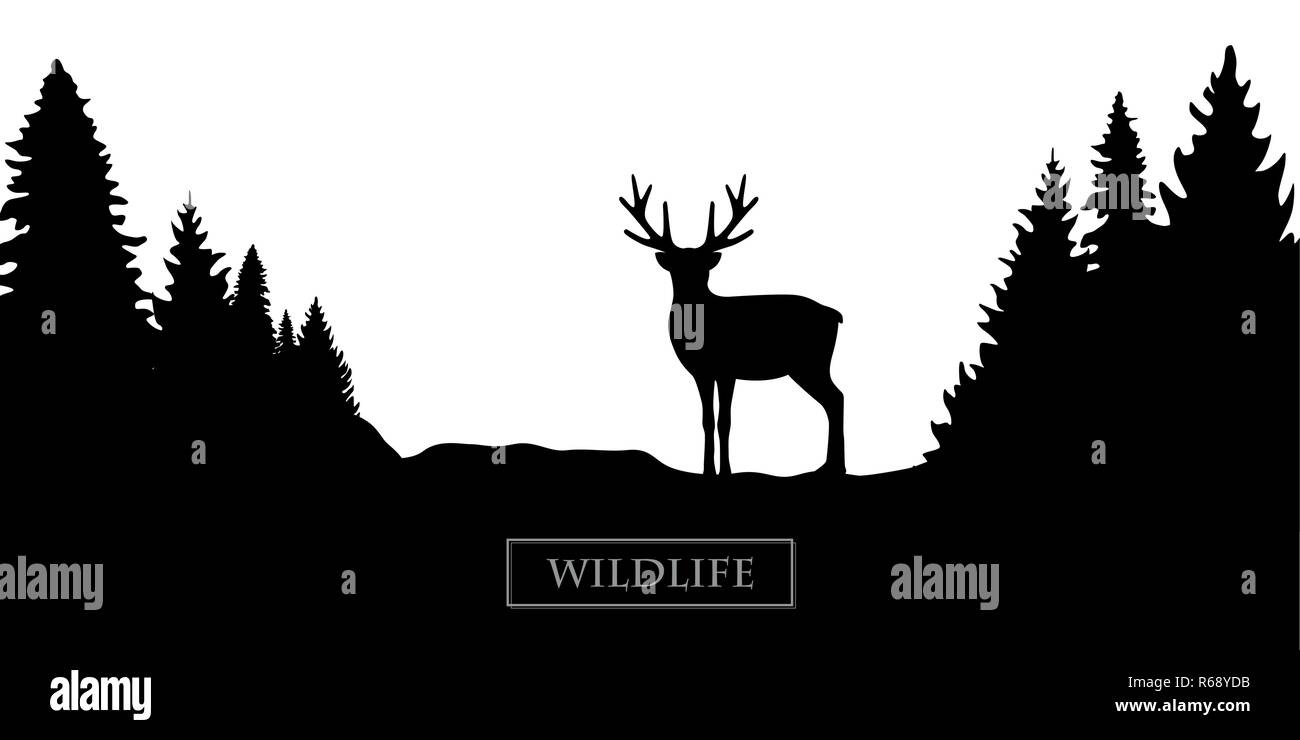wildlife reindeer silhouette forest landscape black and white vector illustration EPS10 Stock Vector