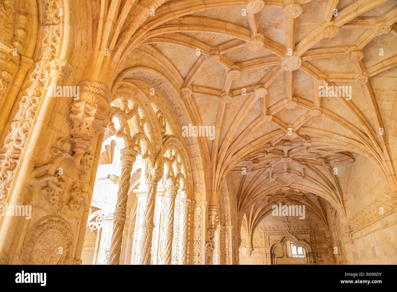 Ornate archway inside S. Jeronimos monastery in Lisbon, Portugal Stock Photo