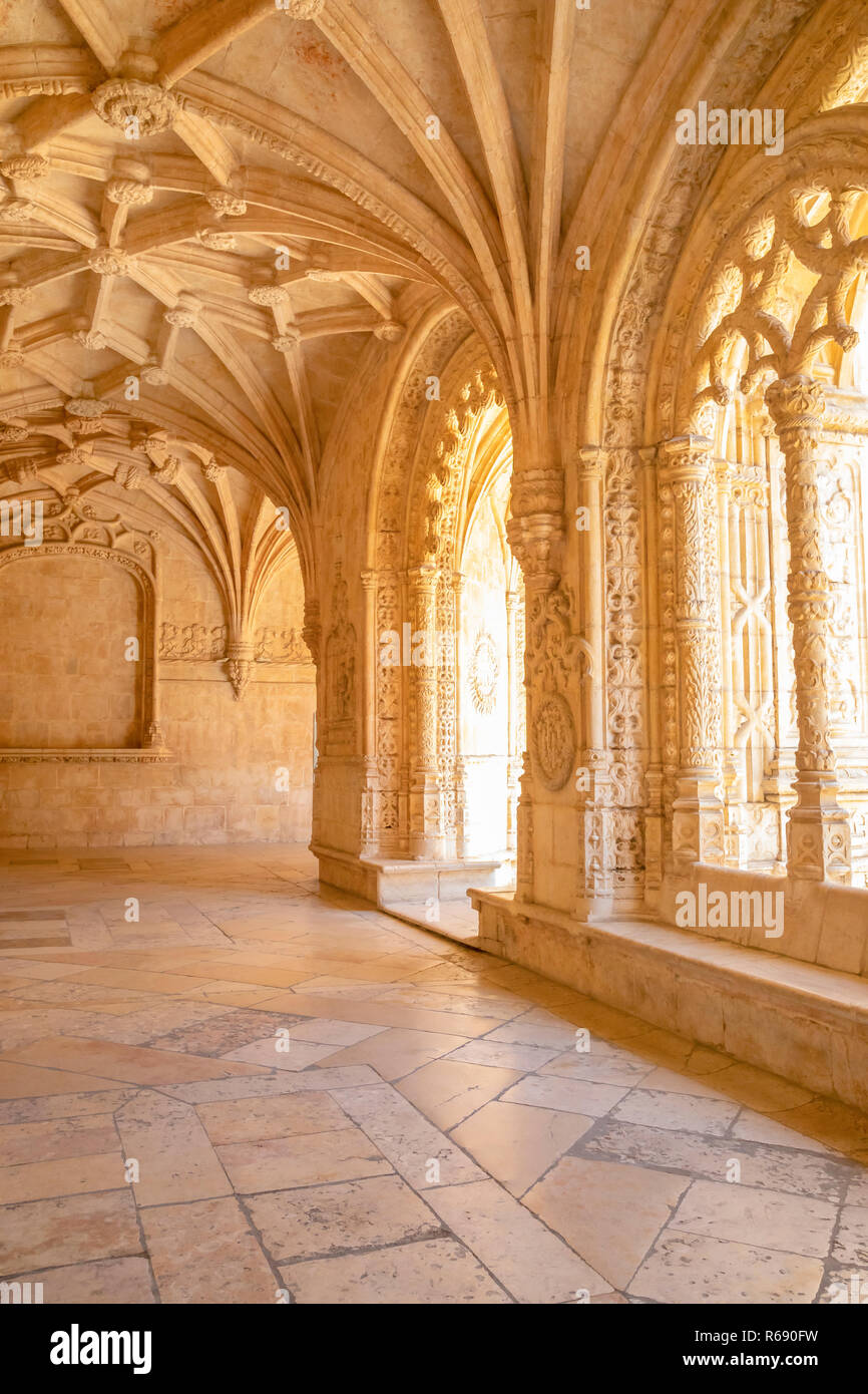 Archway inside S. Jeronimos monastery in Lisbon, Portugal Stock Photo