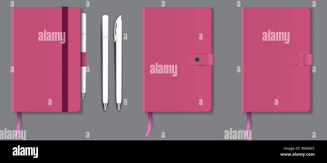 Pink realistic hard cover notebook with red bookmark, ribbon and pen ...